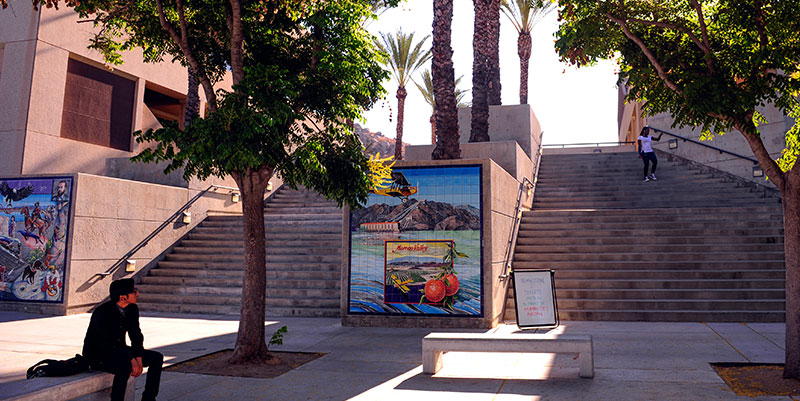 Front of campus showcasing mosaic installation