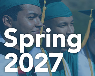 Spring 2027 Schedule text in front of students in regalia