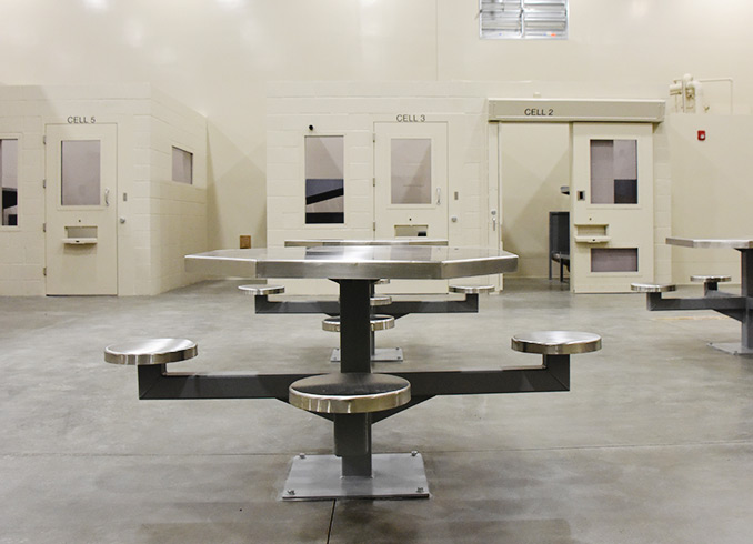 Scenario Building interior, view of table and cells