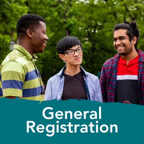 Group of young male students outside behind text that says general registration