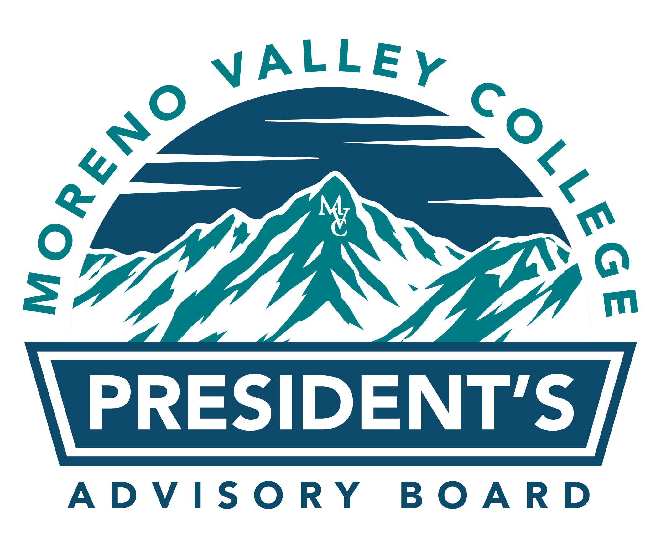 Logo for president's advisory board, featuring text around an illustration of mountains and blue sky