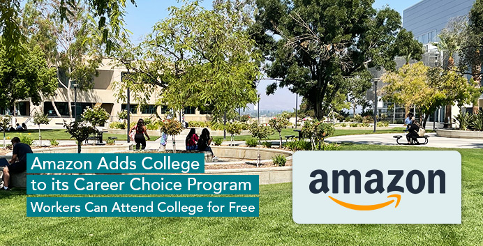 Landscape view of campus with students and the amazon logo and article title on top