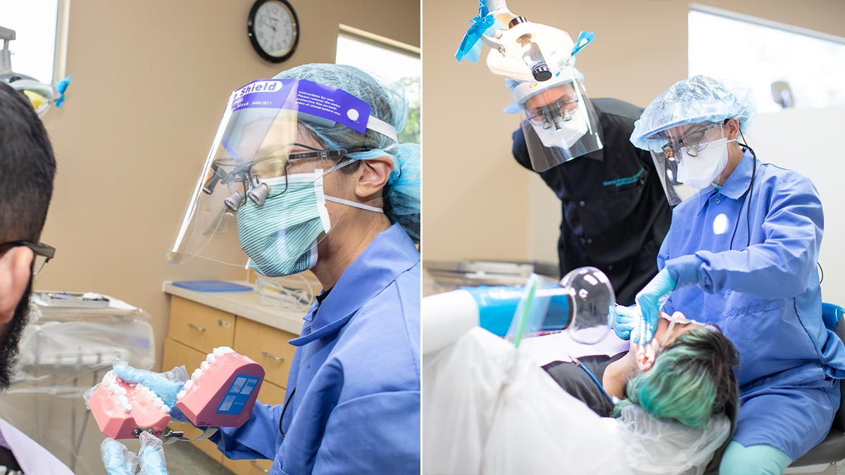 Dental hygiene program instructors and students work on dental clinic patients