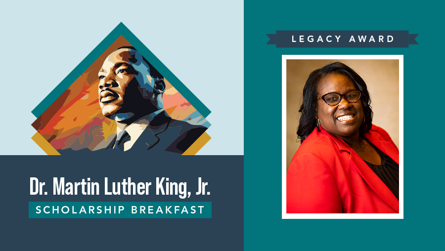 Portrait of Kym Taylor next to MLK event title and artwork of Dr. King
