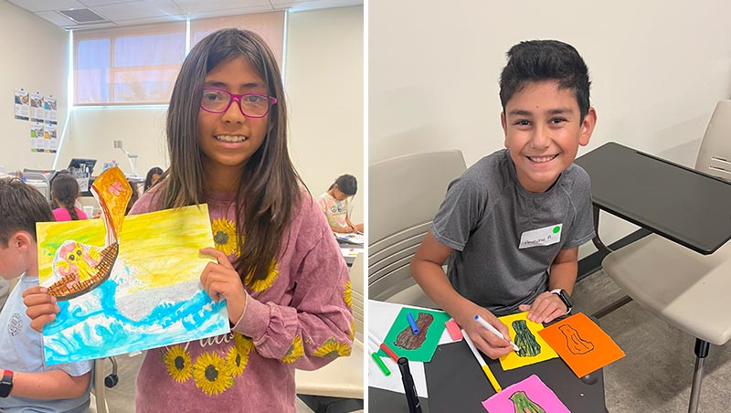 Two college for kids program participants work on and showcase art projects