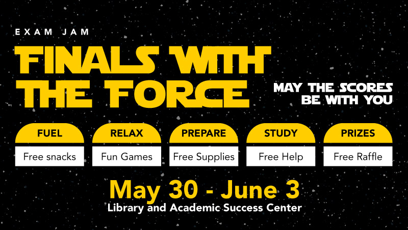Black, yellow and white Star Wars themed image stating Finals with the Force: May the Scores Be With You