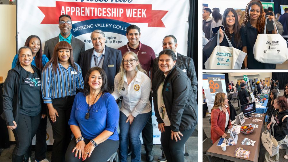 Apprenticeship Director Rosalinda Rivas with staff, students holding bags, and students visiting tables at the event.