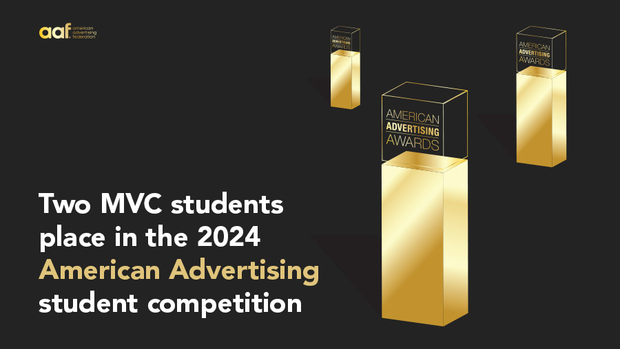 Two MVC students place in the 2024 American Advertising student competition headline next to illustrations of gold trophies
