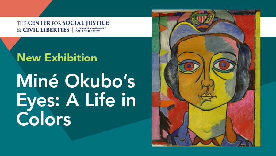 Photograph of Mine Okubo art next to exhibition title