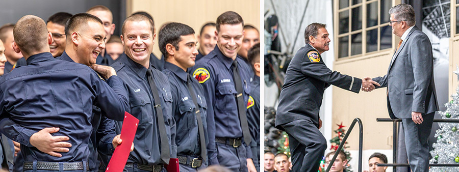 Fire Academy graduates celebrate on left, while Dean Rawlings welcomes Professor Begg to give address