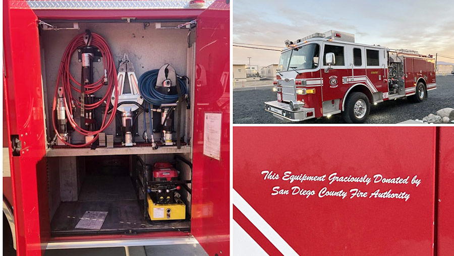 Collage of fire truck photos showing an equipment locker, the engine at a distance, and a text applique denoting donator