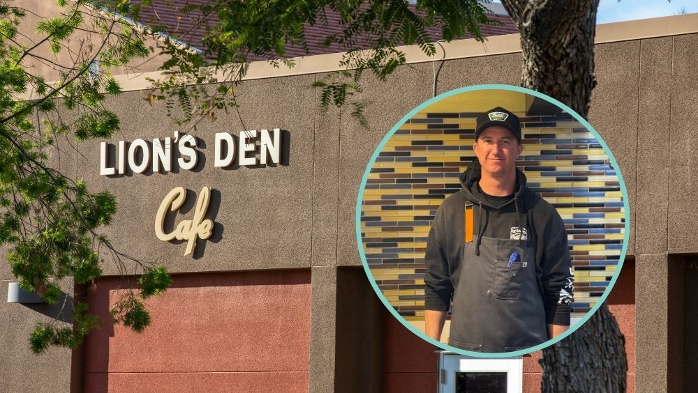 Photo of Chris Ferrell next to exterior shot of Lion's Den Cafe building