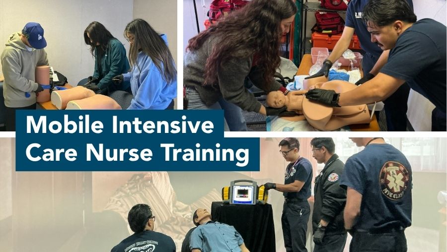 Collage of photos of students learning about mobile intensive care nursing