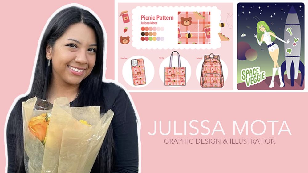 Portrait of Julissa Mota next to design examples