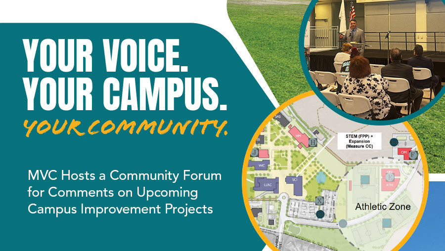 Graphic stating your voice, your campus, your community next to blueprints of the athletic fields improvement area and a photo of President Besikof speaking in front of forum attendees