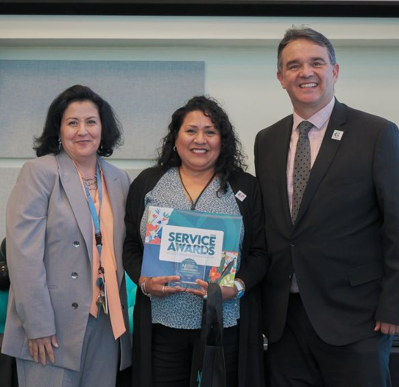 Sabina Fernandez pictured with VP Academic Affairs Joumana McGowan and President Rudy Besikof