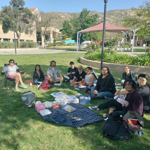 Psychology Club members sit on the grass in Coudures Plaza
