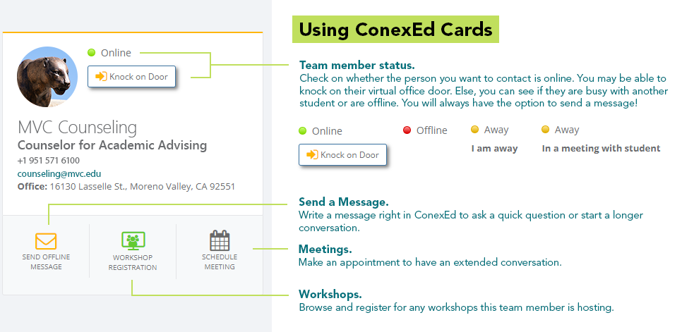 ConexEd Cards allow you to see team member status, knock on their virtual office doors when online, make appointments, send messages and register for workshops.