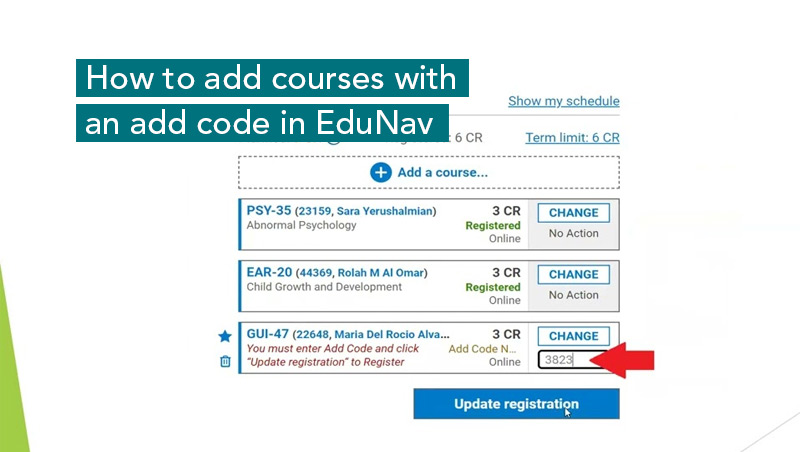 Register in EduNav with an add code video - click to watch and listen