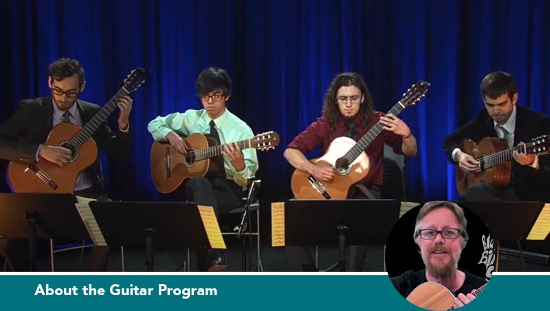 Thumbnail of Professor McNaughton explaining guitar classes on top of a view of four student performers